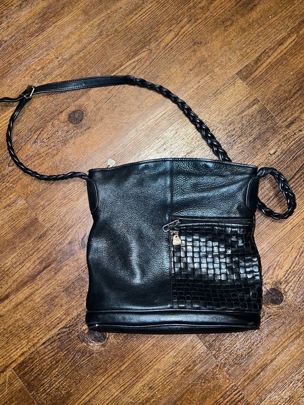Vintage Brio! Purse Black Leather Braided Strap Crossbody Satchel Bag - Picture 3 of 9